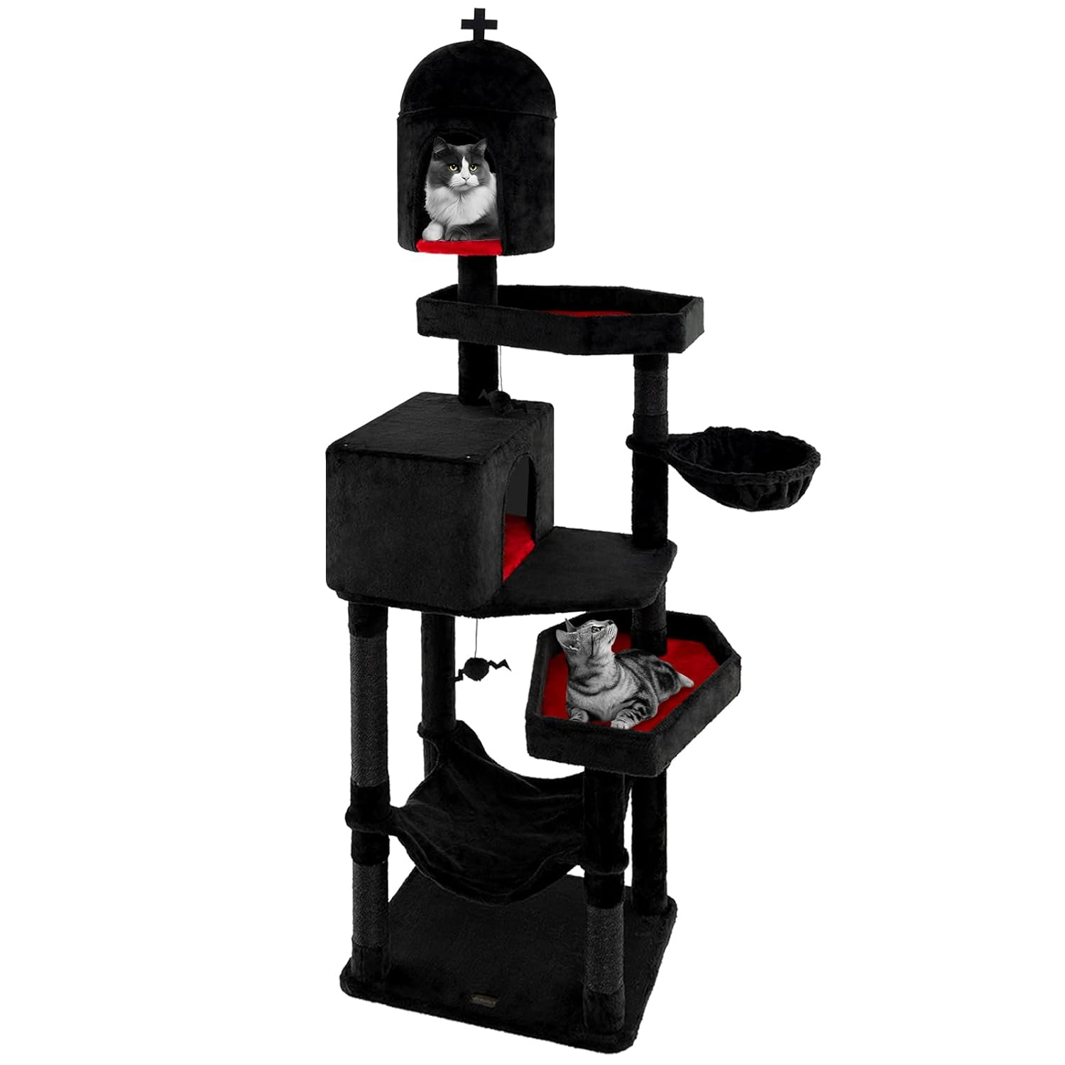PETSITE 83 Inch Tall Gothic Cat Tree, Multi-Level Halloween Cat Tower with Coffin Beds, Scratching Posts, 2 Cat Condos, Dangling Balls, Hammock, and Basket Bed, Goth Cat Tree for Indoor Cats, Black