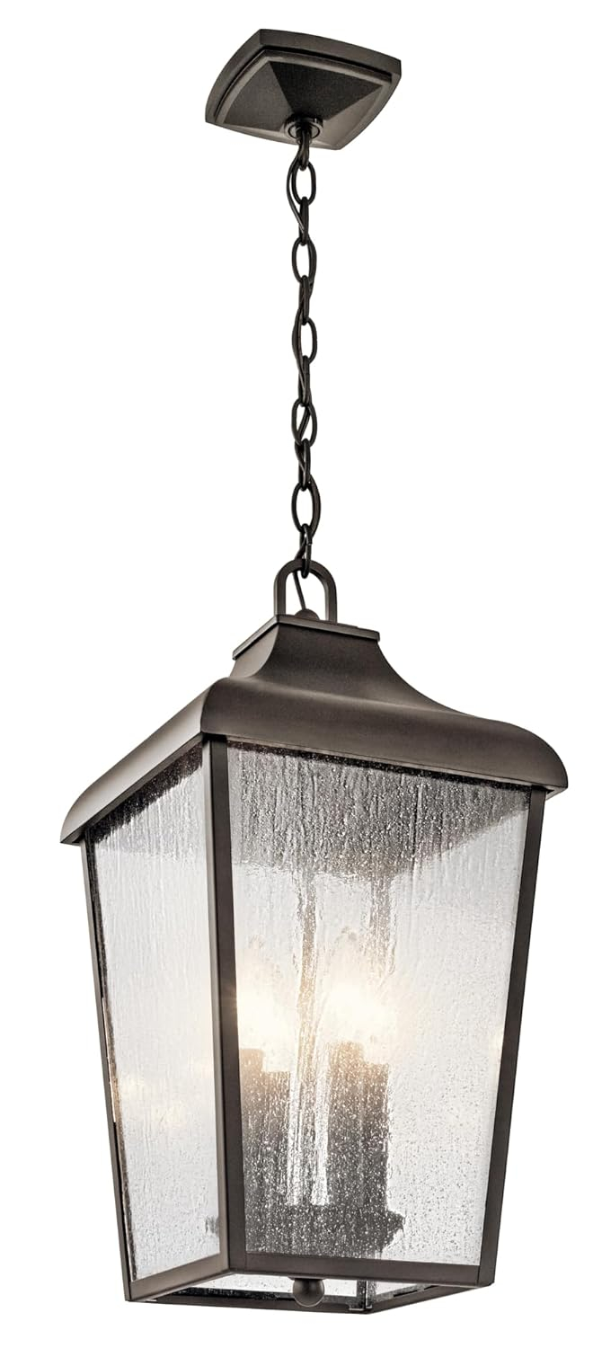 Forestdale Black Lantern Outdoor Pendant with Seeded Glass