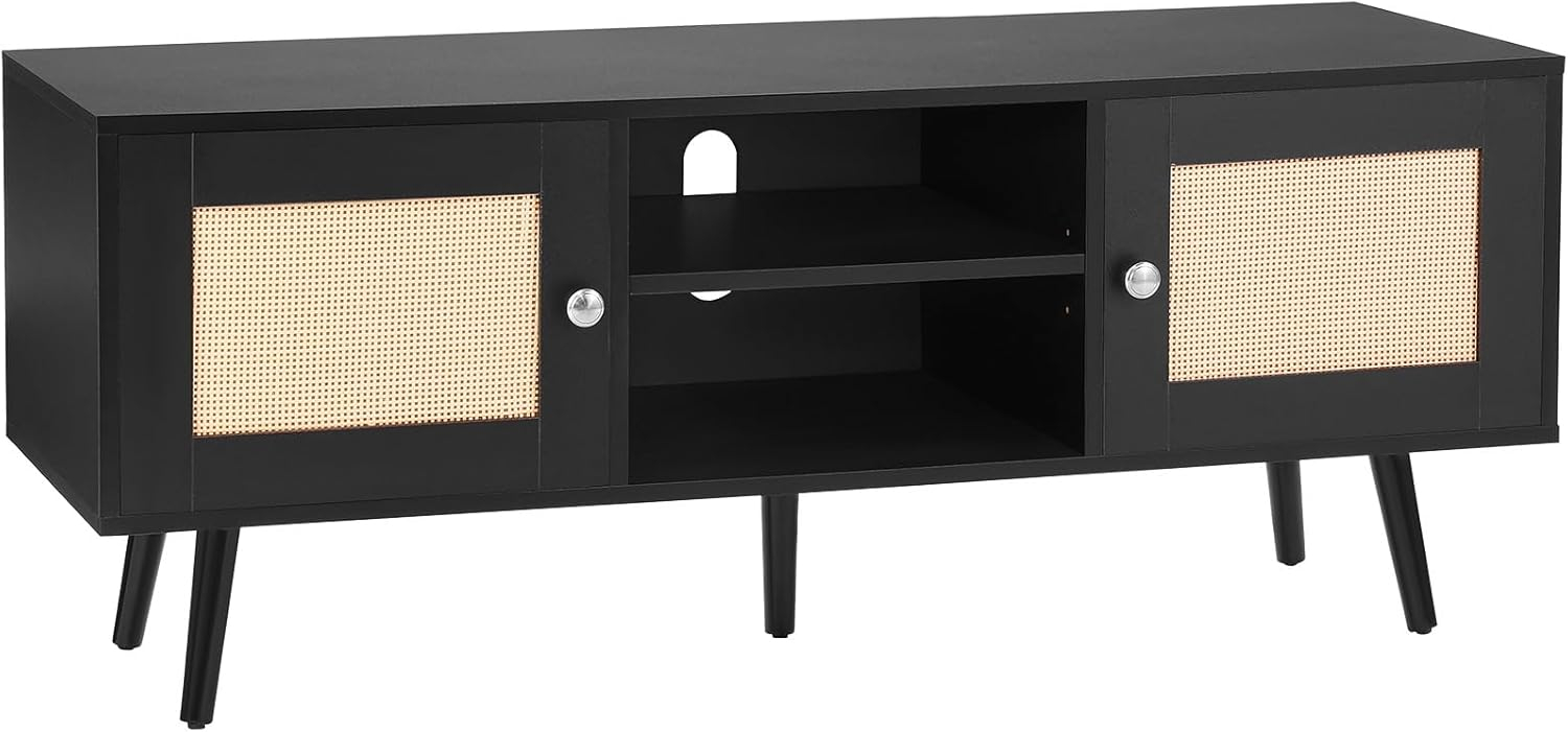 Rattan TV Stand, Boho TV Cabinet for 55 inch TV, Mid Century Modern TV Stand, Rattan TV Console with Adjustable Shelfs for Living Room, Media Room, Black