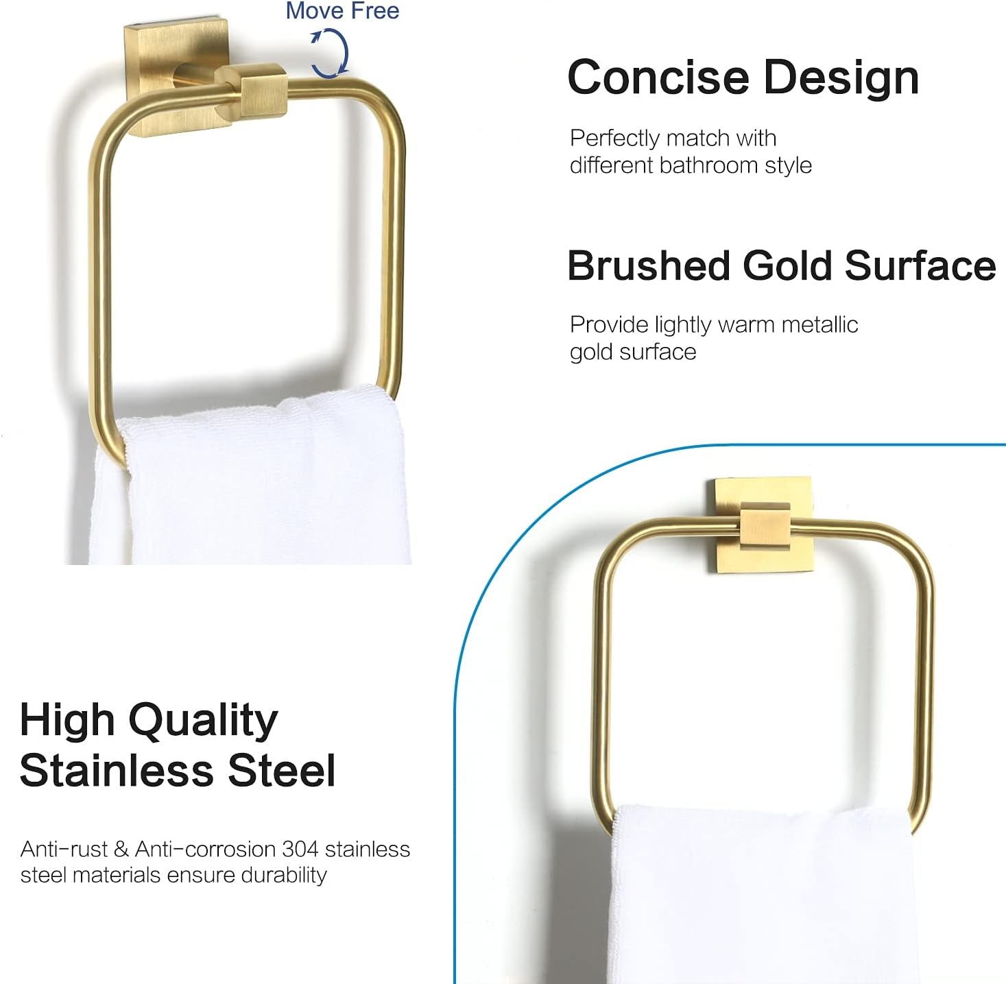HouseAid Square Hand Towel Ring for Bathroom Stainless Steel Towel Holder Modern Hand Towel Hanger Wall Mounted Brushed Gold