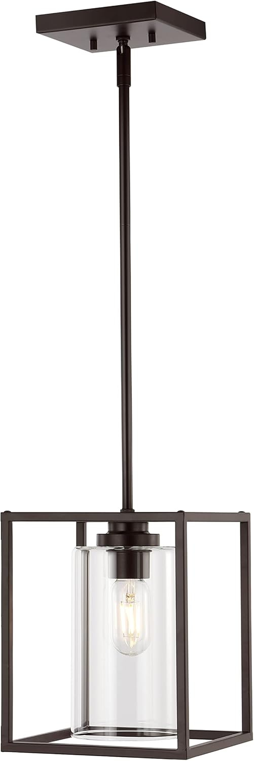 Quinn 8.13" 1-Light Industrial Farmhouse Iron/Glass LED Pendant, Oil Rubbed Bronze