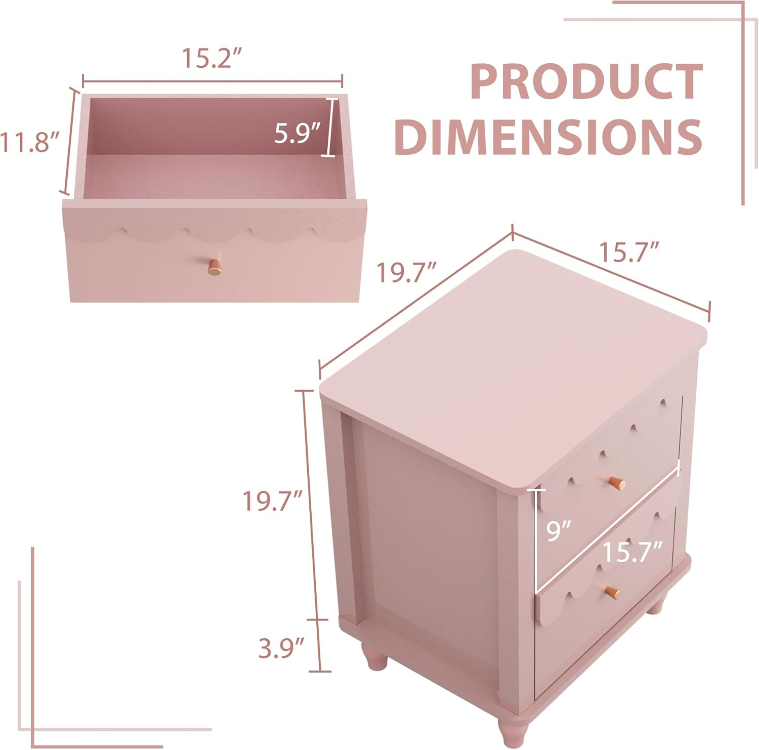 Pink MDF 2-Drawer Scalloped Nightstand with Solid Wood Legs
