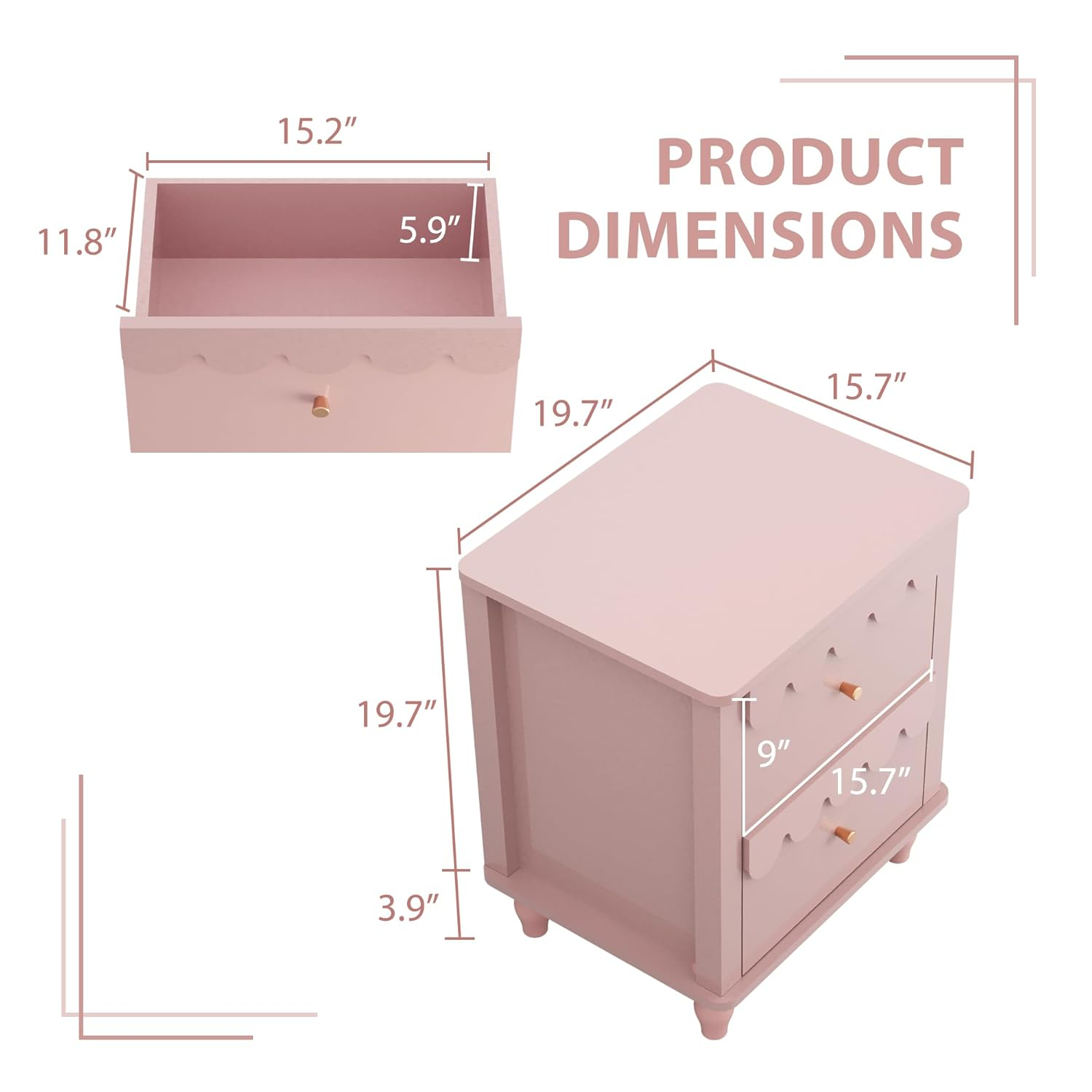 Pink MDF 2-Drawer Scalloped Nightstand with Solid Wood Legs
