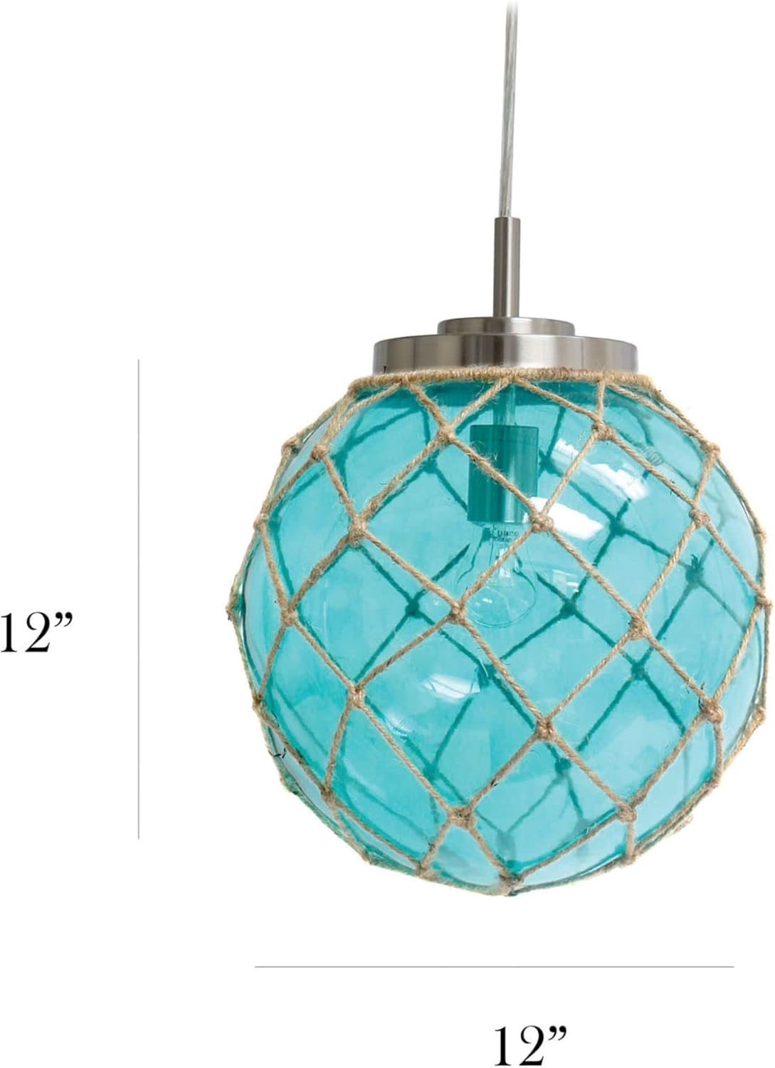 Buoy Netted Brushed Nickel Coastal Ocean Sea Glass Pendant with Natural Rope, Clear