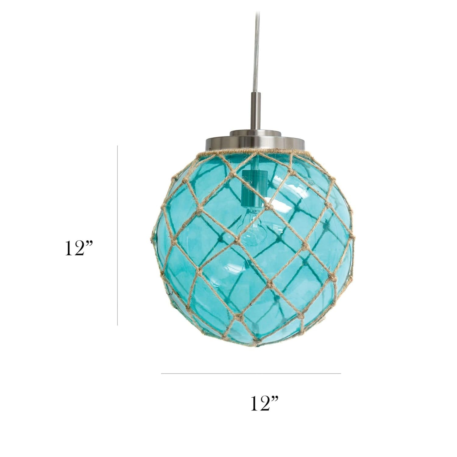 Buoy Netted Brushed Nickel Coastal Ocean Sea Glass Pendant with Natural Rope, Clear