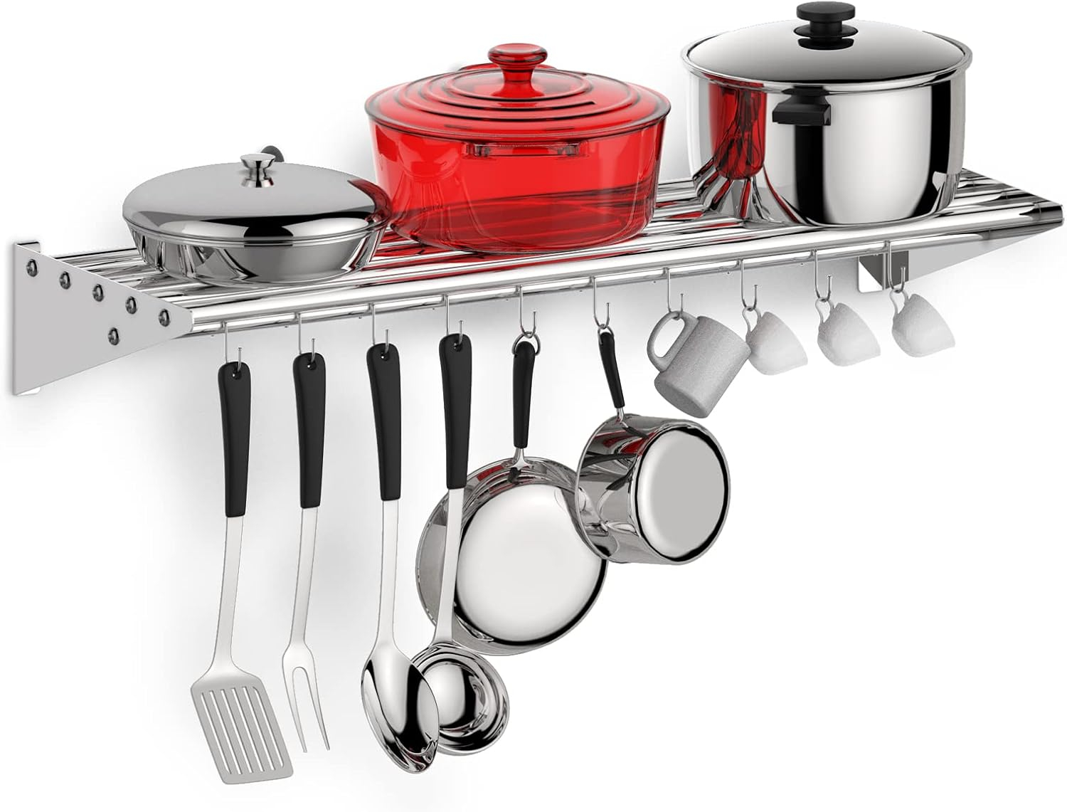 RIEDHOFF Metal Kitchen Rack for Storage and Organization, [NSF Certified] 12" x 36" Stainless Steel Wall Mount Shelf with 10 S Hooks for Hanging Pots, Pans, Cookware in Home and Restaurant