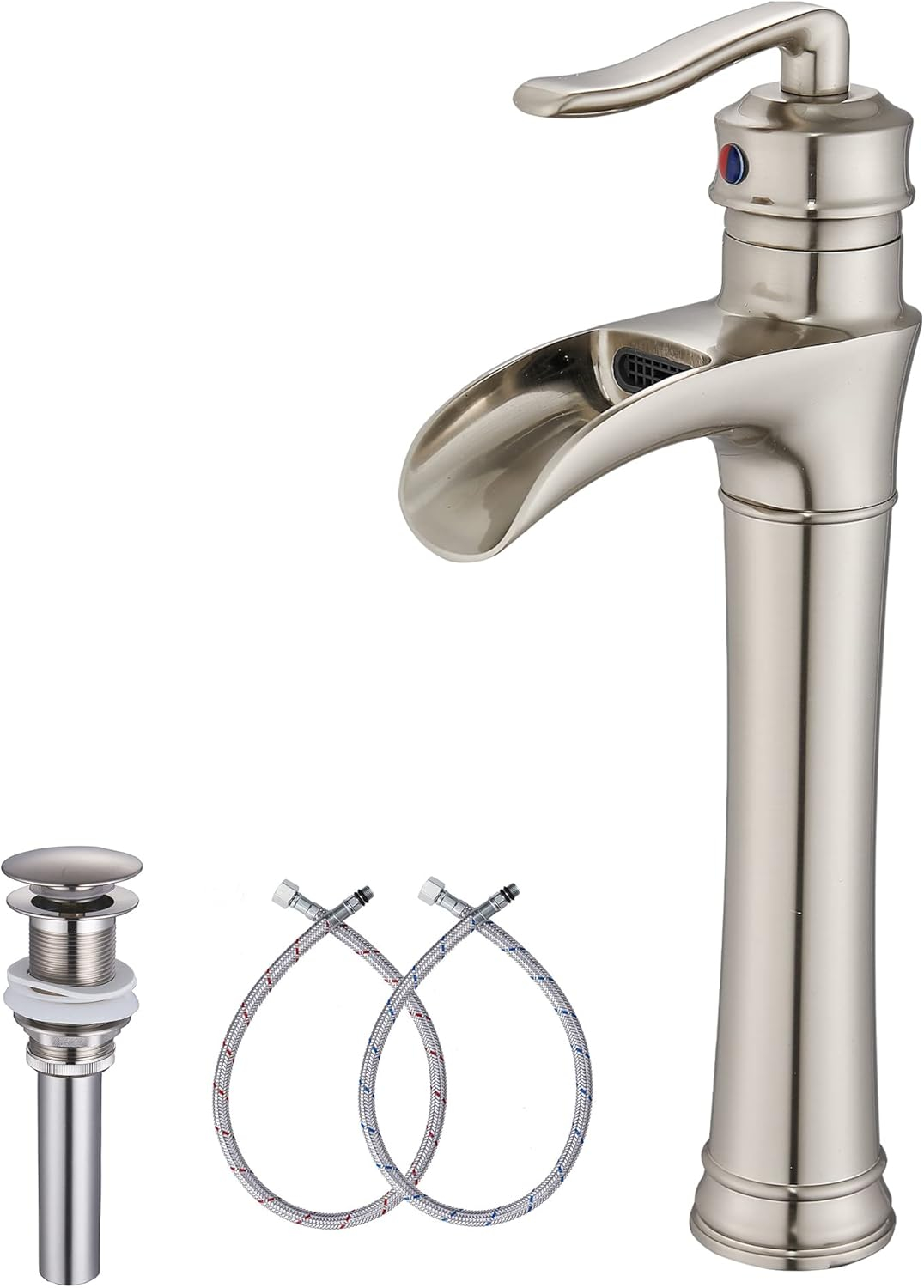 Waterfall Bathroom Faucet Brushed Nickel GGStudy Single Handle One Hole Tally Body Farmhouse Bathroom Vessel Sink Faucet Matching with Pop Up Drain