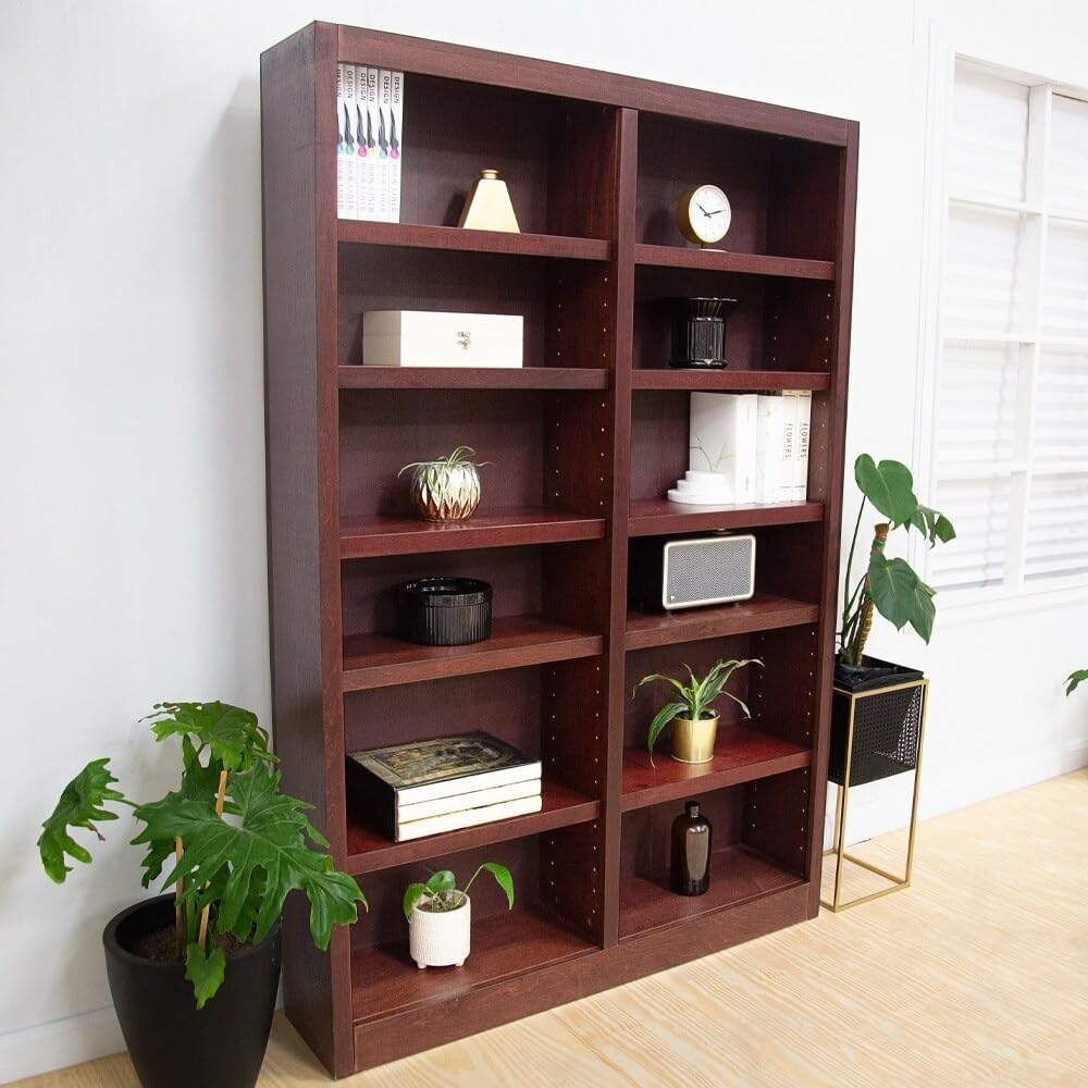 12 Shelf Double Wide Wood Bookcase, 84 inch Tall - Cherry Finish