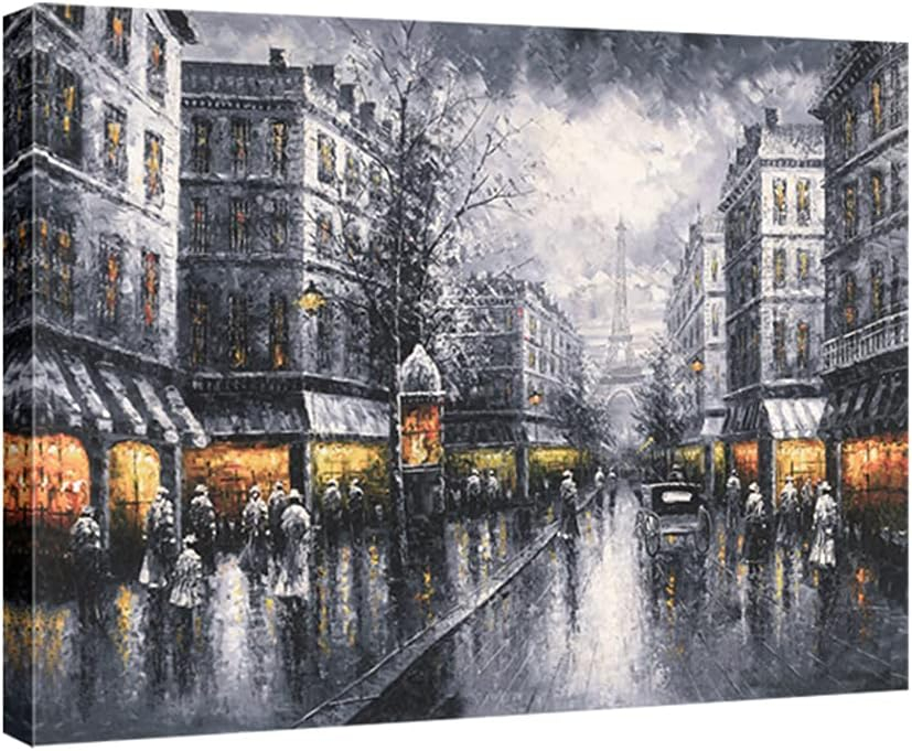 Wieco Art Paris Street View Extra Large Modern Contemporary Cityscape Canvas Print of Oil Paintings Artwork Decorative Landscape Canvas Wall Art for Home Decorations Wall Decor 48"x36"