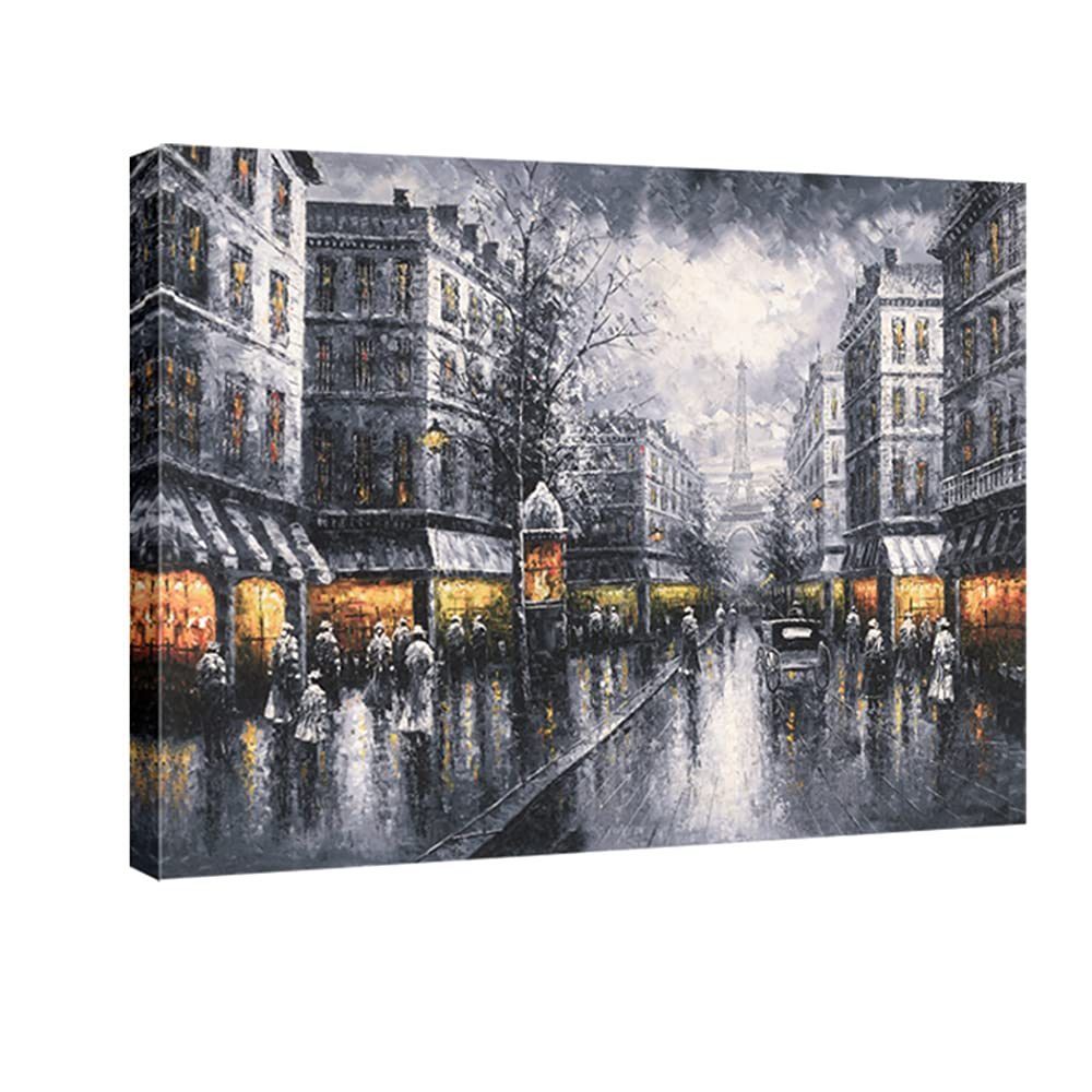 Wieco Art Paris Street View Extra Large Modern Contemporary Cityscape Canvas Print of Oil Paintings Artwork Decorative Landscape Canvas Wall Art for Home Decorations Wall Decor 48"x36"