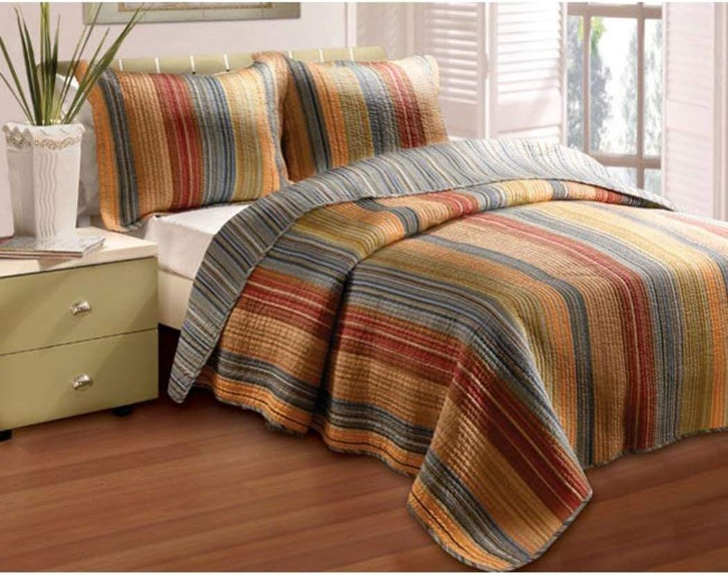 Benjara Huascaran 3 Piece Fabric Queen Size Quilt Set with Channel Stitching, Multicolor