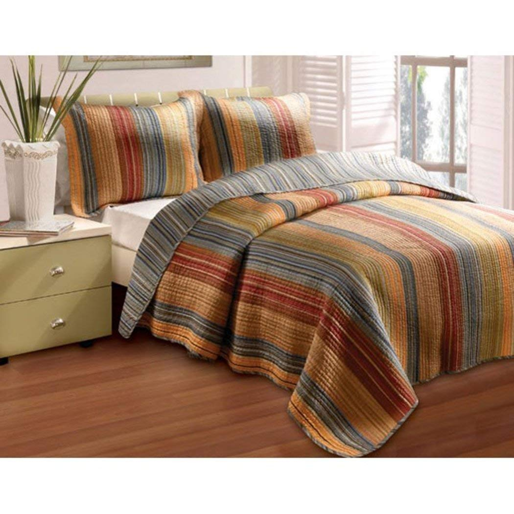 Benjara Huascaran 3 Piece Fabric Queen Size Quilt Set with Channel Stitching, Multicolor