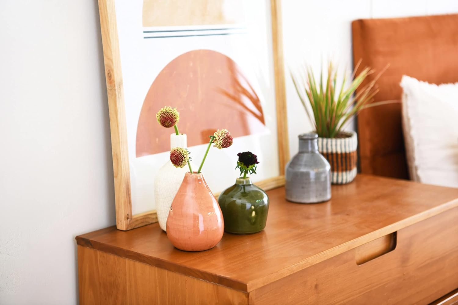 Main + Mesa Stoneware Bud Vases in Crackle Glaze, Olive/Terracotta Tones, Set of 4