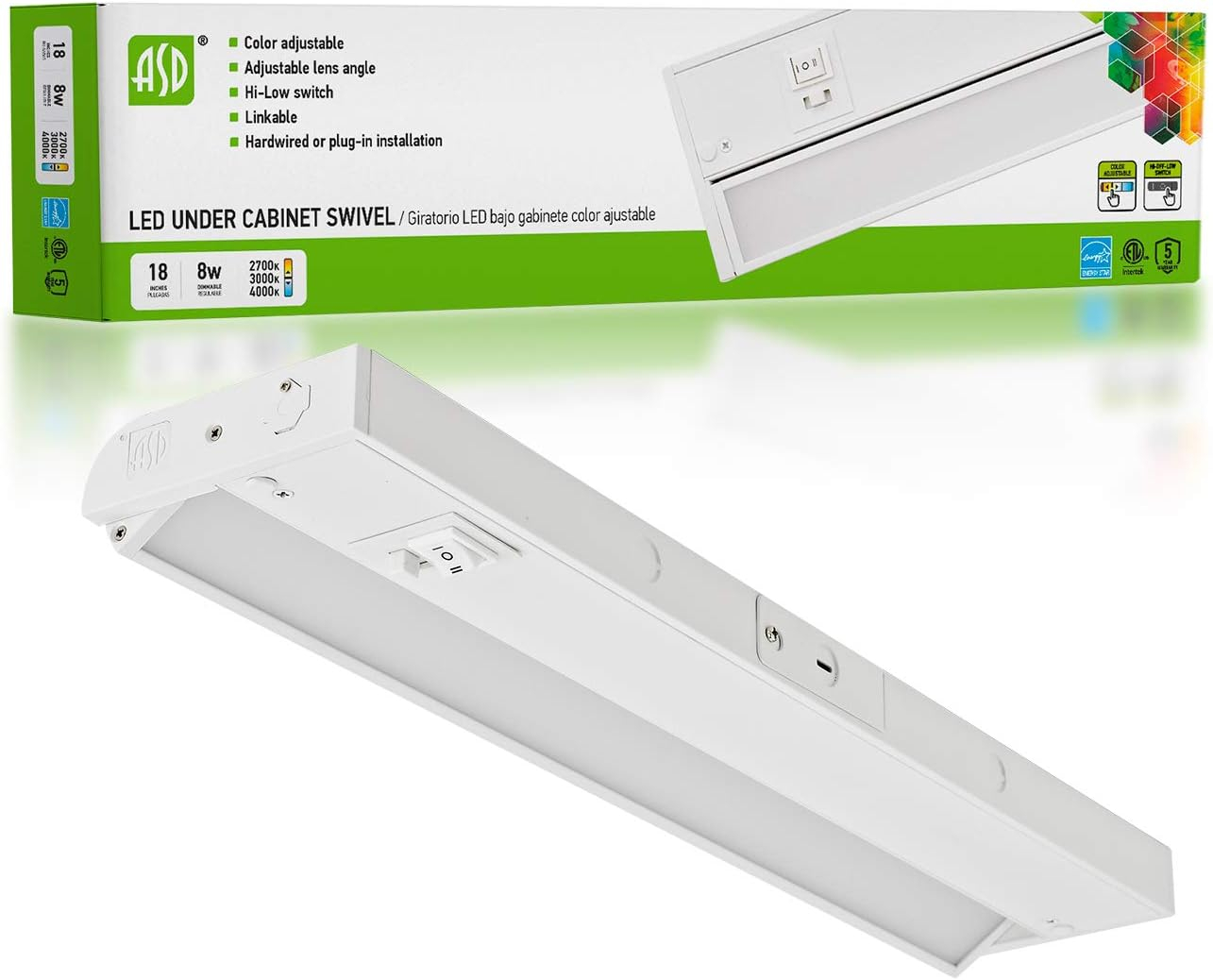 ASD Swivel LED Under Cabinet Lighting, 18 Inch 8W, Hardwired or Plug-in, 2700K/3000K/4000K, Hi/Low Switch, Rotatable Lens, Dimmable Linkable Under Counter Light for Kitchen, ETL & Energy Star