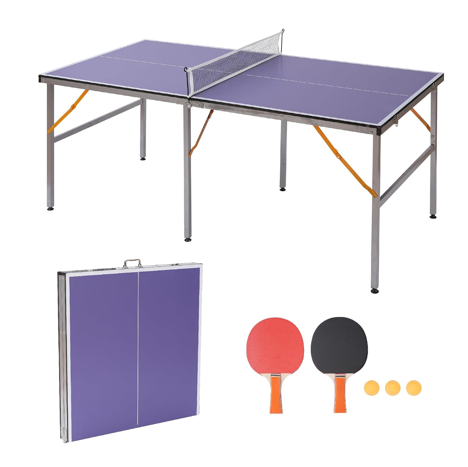 Portable Ping Pong Table, Mid-Size Foldable Table Tennis Table w/Net, 2 Paddles, 3 Balls, Table Tennis Table for Indoor Outdoor, Ping Pong Tablefor Kids Family Holiday Sports