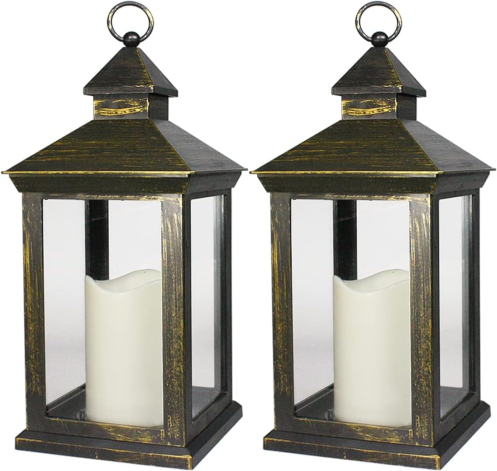 Bright Zeal 2-PACK 14 Inch Vintage Decorative Candle Lanterns With Timer - IP44 Waterproof Distressed Gold Decorative Outdoor Lanterns Battery Powered - Hanging Decorative Lanterns For Wedding Indoors