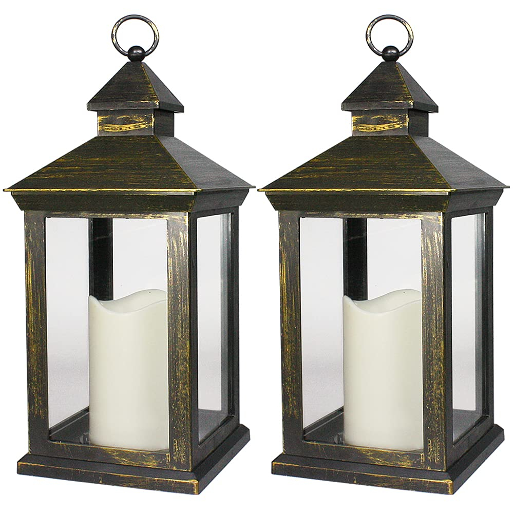 Bright Zeal 2-PACK 14 Inch Vintage Decorative Candle Lanterns With Timer - IP44 Waterproof Distressed Gold Decorative Outdoor Lanterns Battery Powered - Hanging Decorative Lanterns For Wedding Indoors