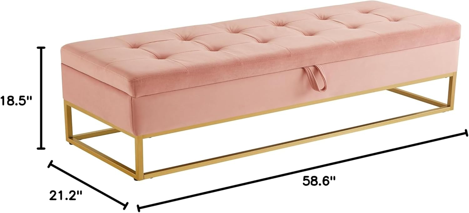 58.6" End of Bed Bench, Storage Bench with Metal Base Holds up to 500 lbs, Button Tufting Design Velvet Upholstered Bedroom Bench for End of Bed, Livingroom, Entryway, Window, Pink