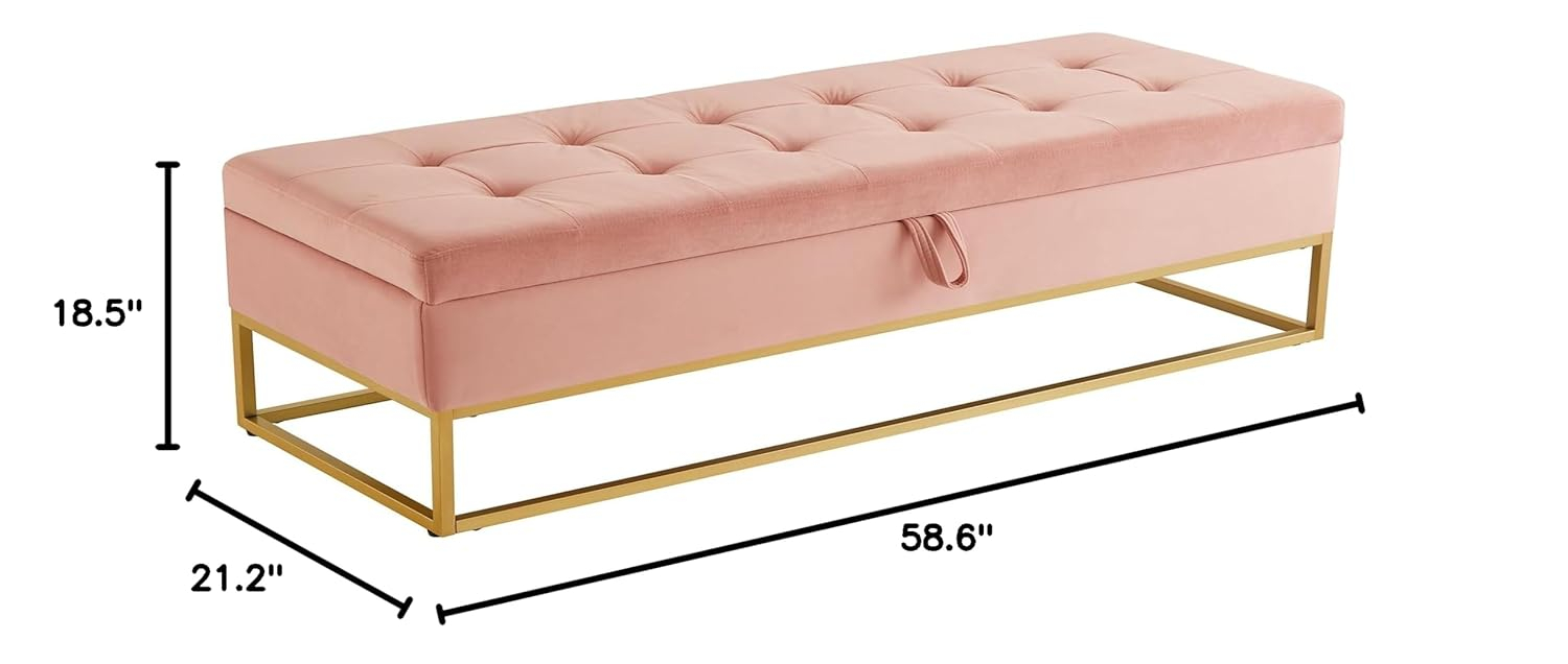 58.6" End of Bed Bench, Storage Bench with Metal Base Holds up to 500 lbs, Button Tufting Design Velvet Upholstered Bedroom Bench for End of Bed, Livingroom, Entryway, Window, Pink