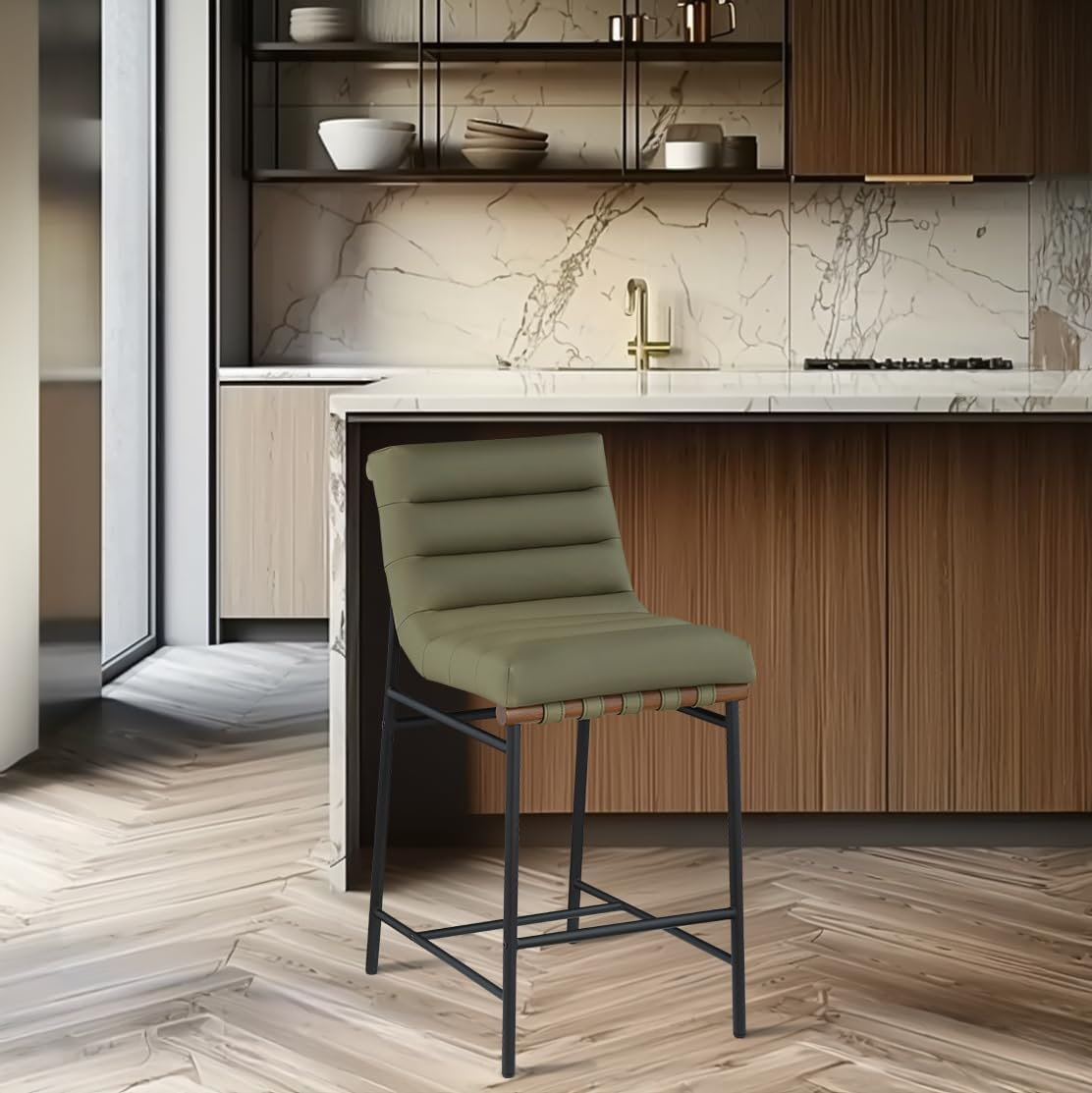 Meridian Furniture 813Olive-C Burke Collection Modern | Contemporary Counter Stool with Soft Olive Green Vegan Leather, Vegan Leather Straps, Matte Black Metal Frame, 18" W x 24" D x 37.5" H, Green