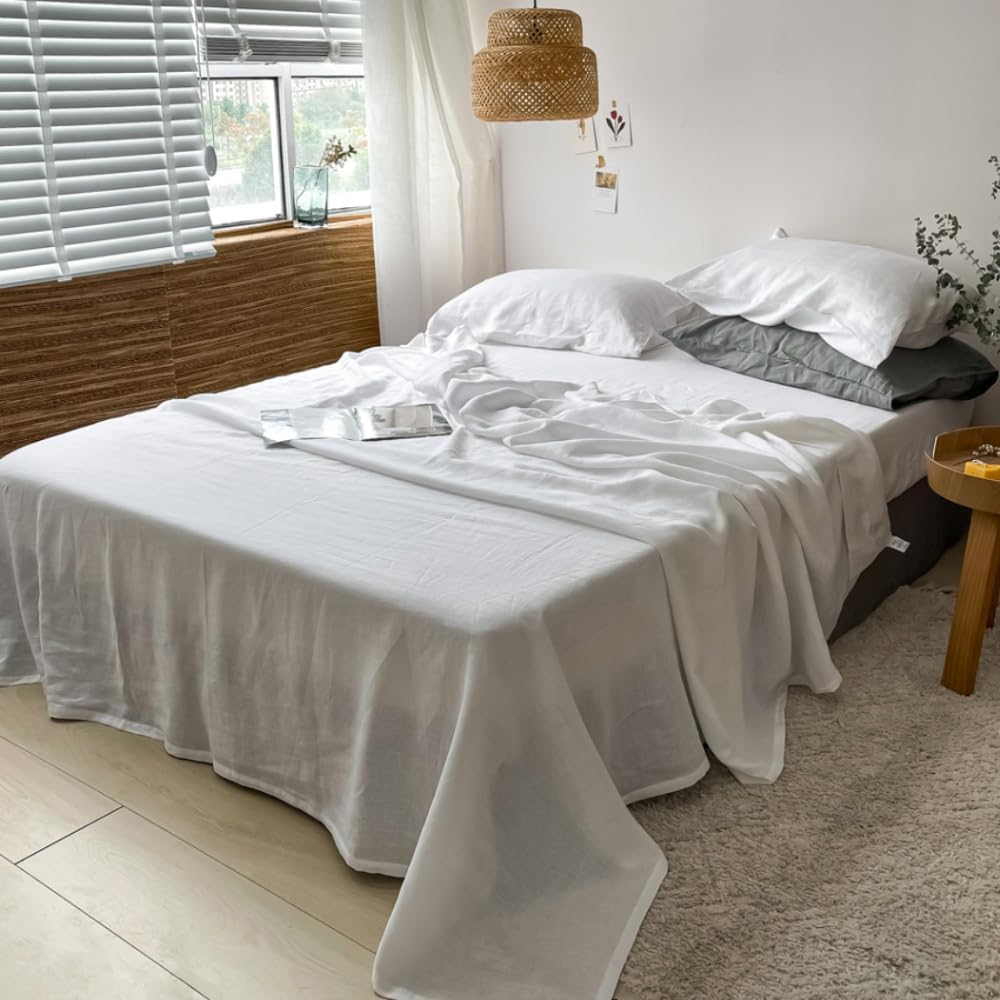 Simple&Opulence Belgian Linen Sheet Set Solid Color - 4 Pieces (1 Flat Sheet, 1 Fitted Sheet & 2 Pillowcases) Natural Flax Cotton Blend Soft Breathable Farmhouse Bedding - Full Size, White