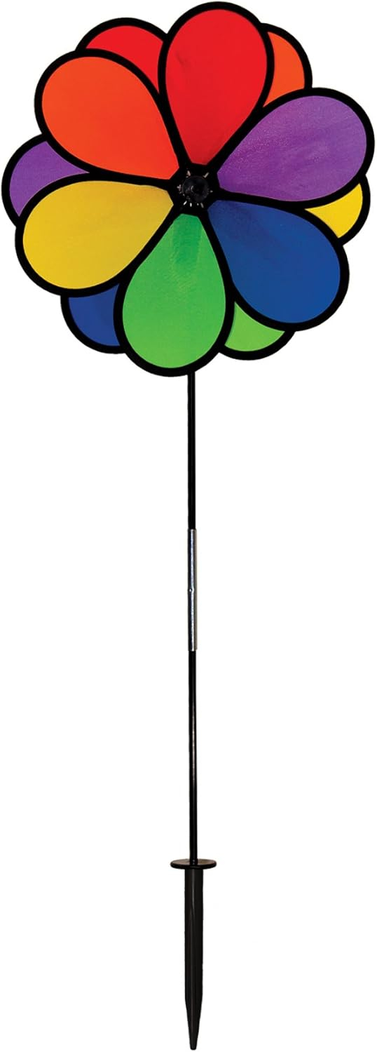 In the Breeze 2745 — Double Dazy Flower 14-inch Ground Spinner — Rainbow Flower Wind Spinner — Colorful Yard or Garden Decoration