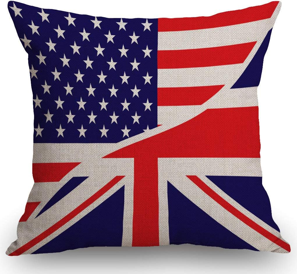 SSOIU USA American Flag and The Union Jack British Flag Throw Pillow Cover Farmhouse Cushion Case for Sofa Couch 18x18 Inches Cotton Linen 18x18 inches