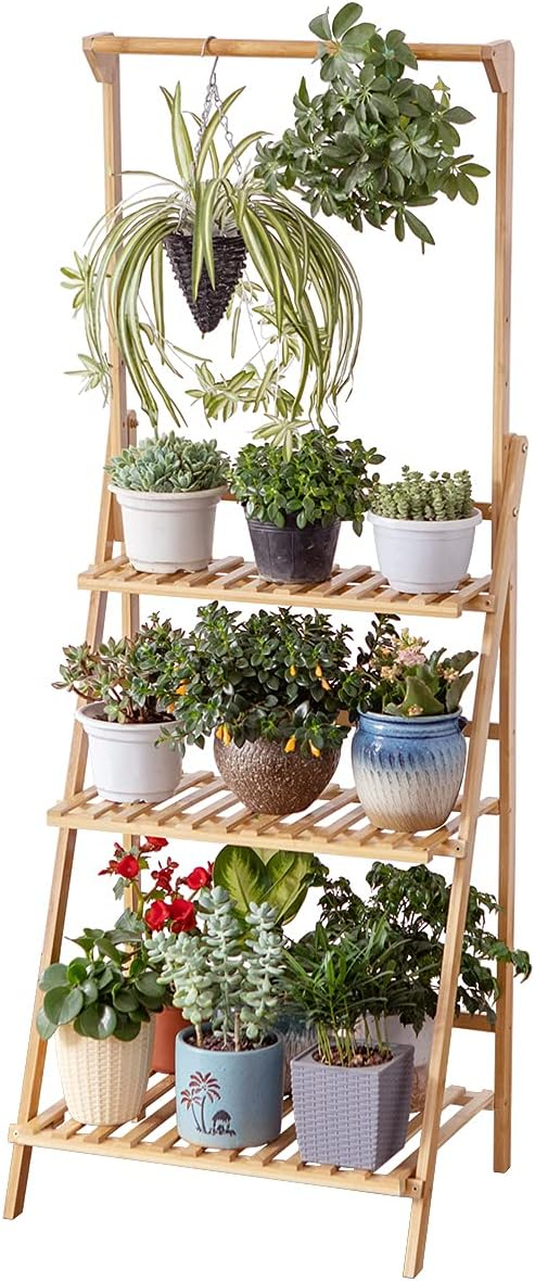 COPREE Bamboo 3-Tier Hanging Plant Stand Planter Shelves Flower Pot Organizer Rack Folding Display Shelving Plants Shelf Unit Holder