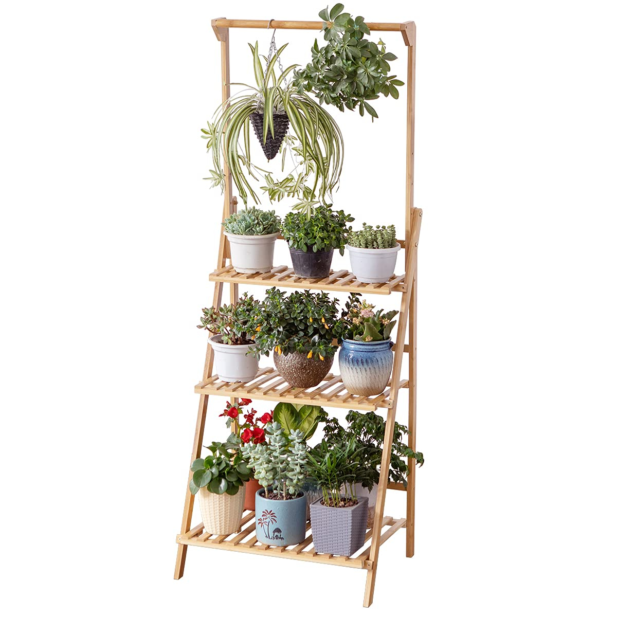 COPREE Bamboo 3-Tier Hanging Plant Stand Planter Shelves Flower Pot Organizer Rack Folding Display Shelving Plants Shelf Unit Holder