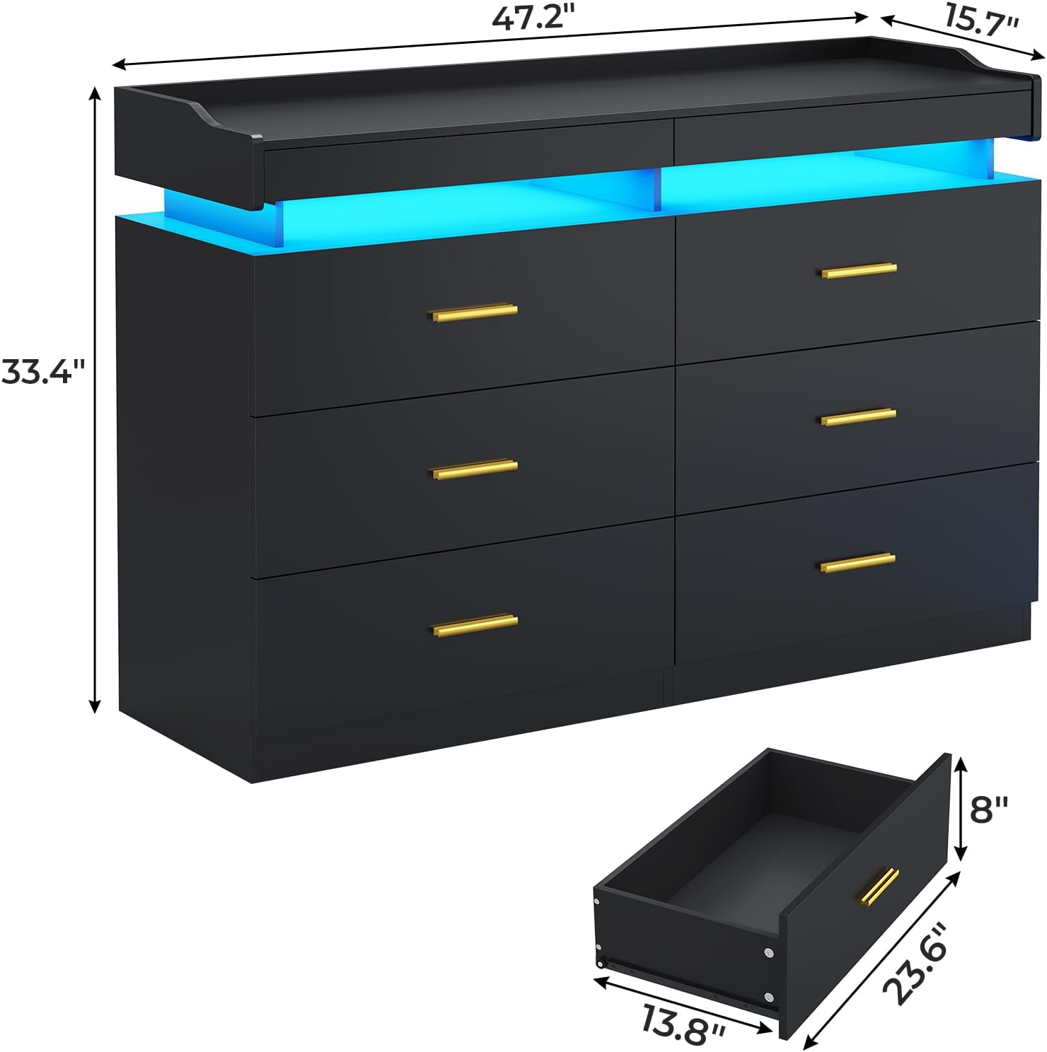 Modern LED Dresser for Bedroom, 6 Drawer Dresser with 2 Pull-Out Trays, Wide Dresser, White