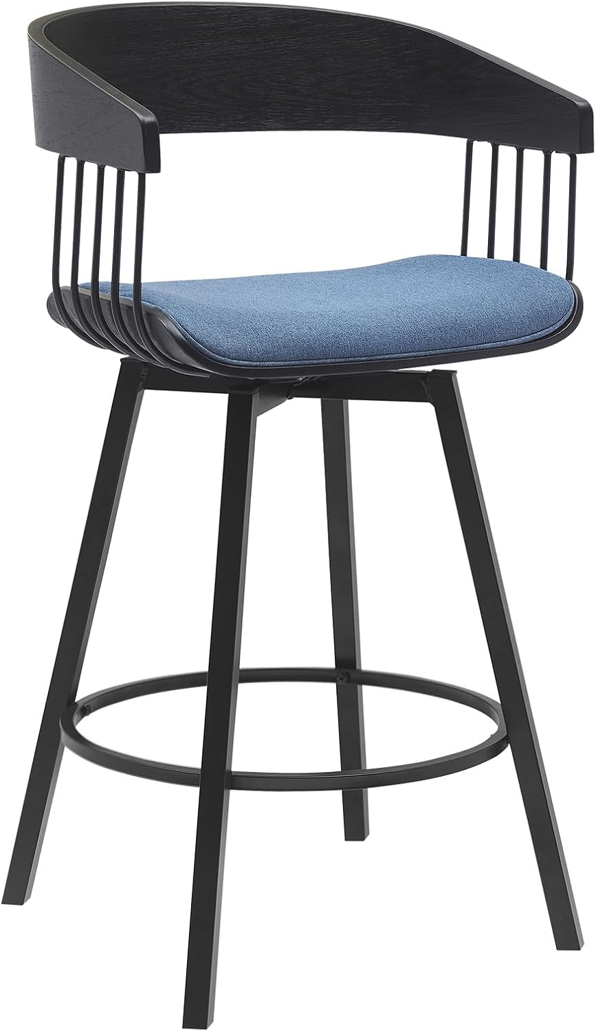 Armen Living Indoor Athena 27" Swivel Black Wood Counter Stool in Blue Fabric with Black Metal