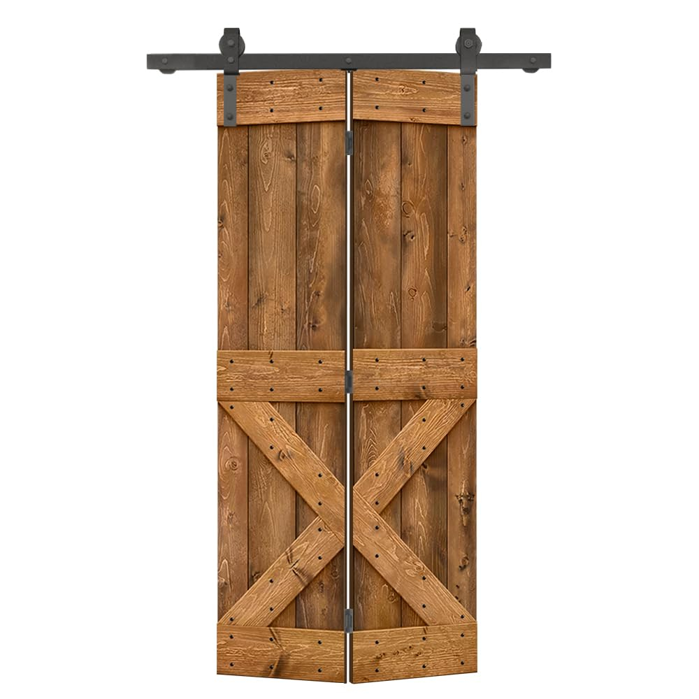 34 in. x 84 in. Mini X Series Walnut Stained DIY Wood Bi-Fold Barn Door with Sliding Hardware Kit