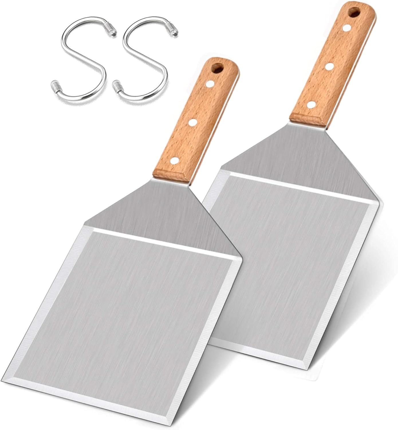 Metal Spatula Set of 2, Leonyo Stainless Steel Griddle Hamburger Spatula, as Barbecue Turner Grilling BBQ Griddle Accessories, Triple Rivets & 2 x S Hook, Heavy Duty & Easy Press