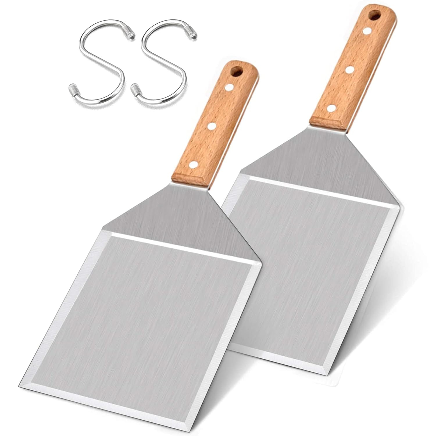 Metal Spatula Set of 2, Leonyo Stainless Steel Griddle Hamburger Spatula, as Barbecue Turner Grilling BBQ Griddle Accessories, Triple Rivets & 2 x S Hook, Heavy Duty & Easy Press
