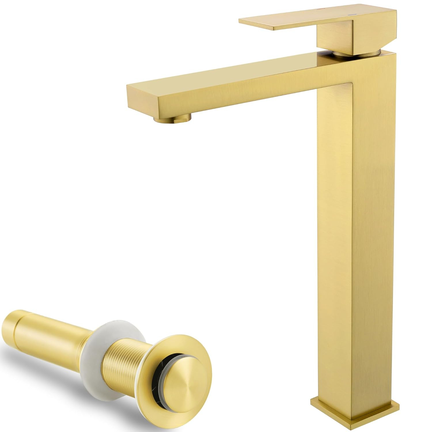 Gold Vessel Sink Faucet, Brushed Gold Tall Single Handle Bathroom Vessel Sink Faucet 1 Hole, Modern Stainless Steel Restroom Vanity Faucet with Metal Pop Up Drain and Water Supply Hose