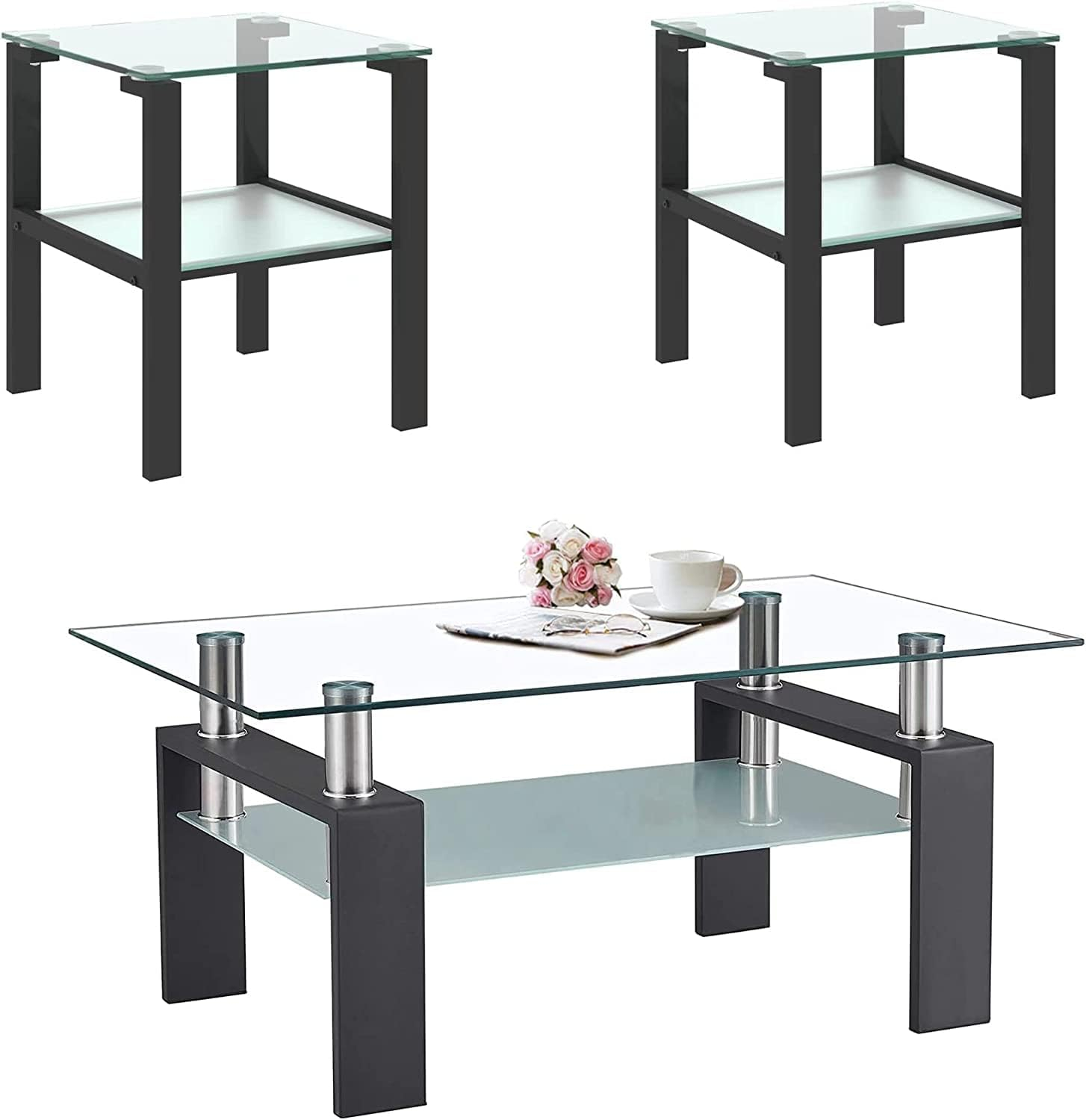 Glass Coffee Table Set of 3 Piece, Living Room Table Set of 3, Black Coffee Table and End Coffee Table Sets, Metal Frame (Black C, Set of 3)
