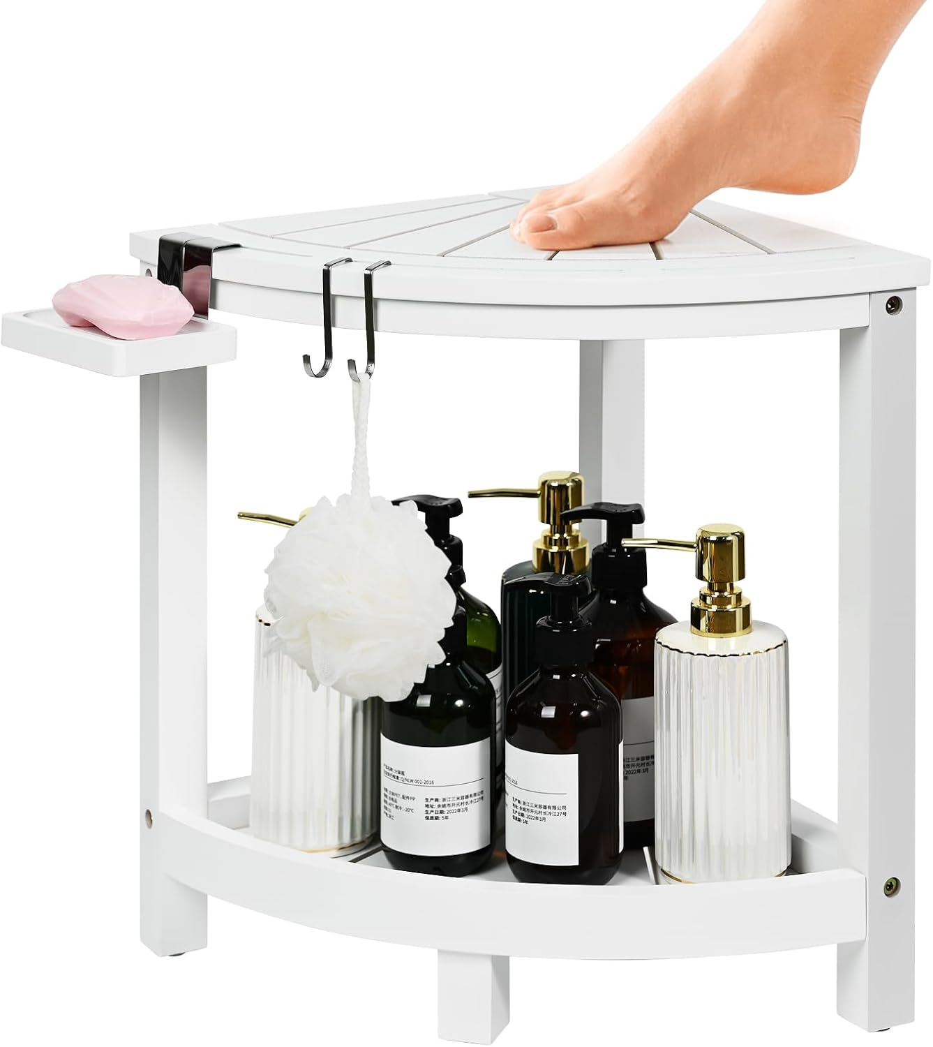 Ollieroo 2-Tier Bamboo Corner Shower Stool for Shaving Legs, Waterproof Bench with Storage Shelf and Soap Dish, Non-Slip Foot Rest (White)