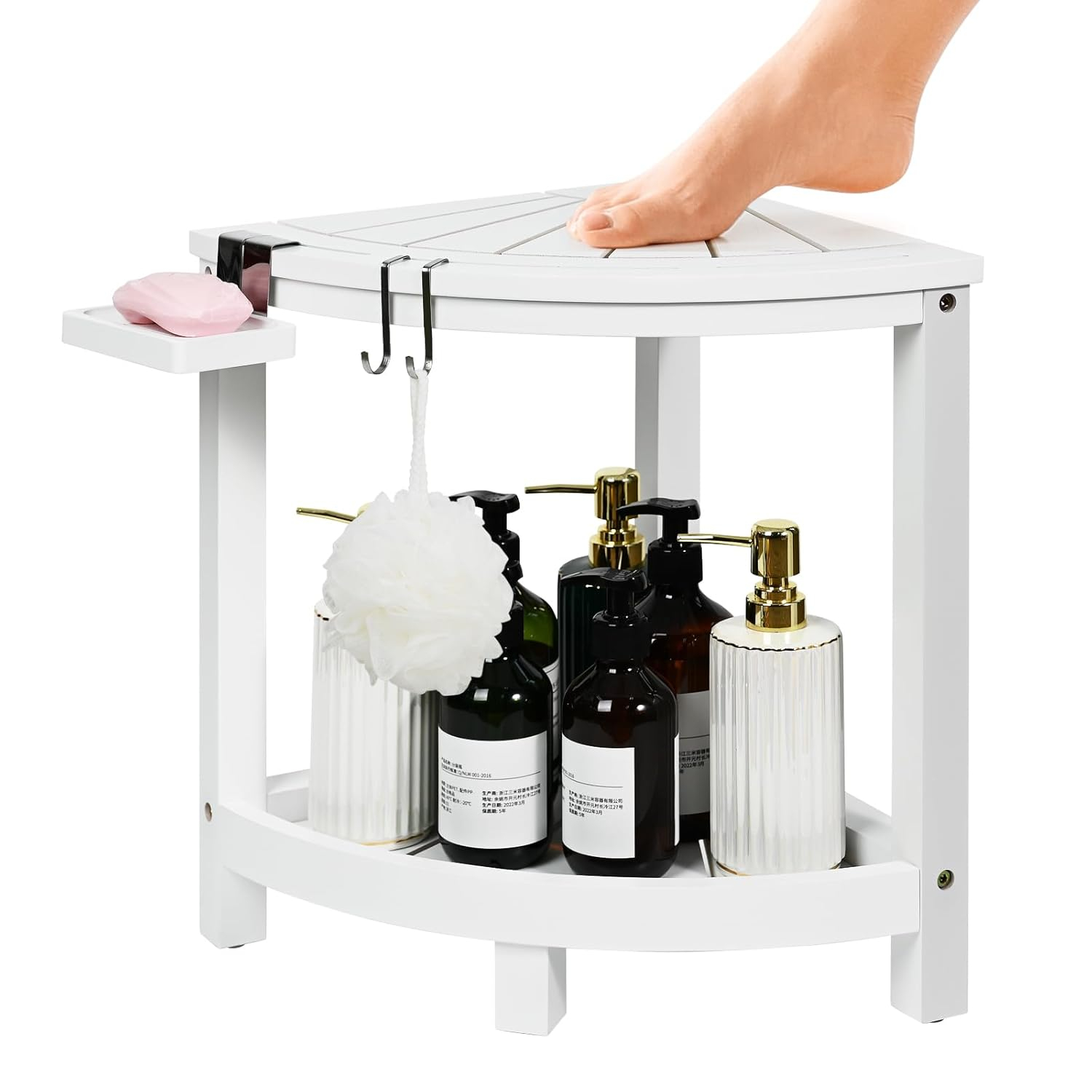 Ollieroo 2-Tier Bamboo Corner Shower Stool for Shaving Legs, Waterproof Bench with Storage Shelf and Soap Dish, Non-Slip Foot Rest (White)