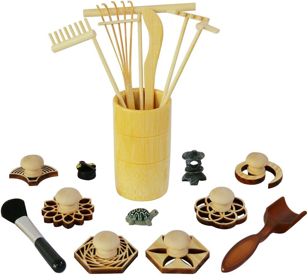 Zen Garden Rake Stamp Tools - Meditation Rock Sand Garden Accessories – Office Desktop Mini Zen Gifts for Man Women Bamboo Rakes Holder Brusher Spoon Figurines