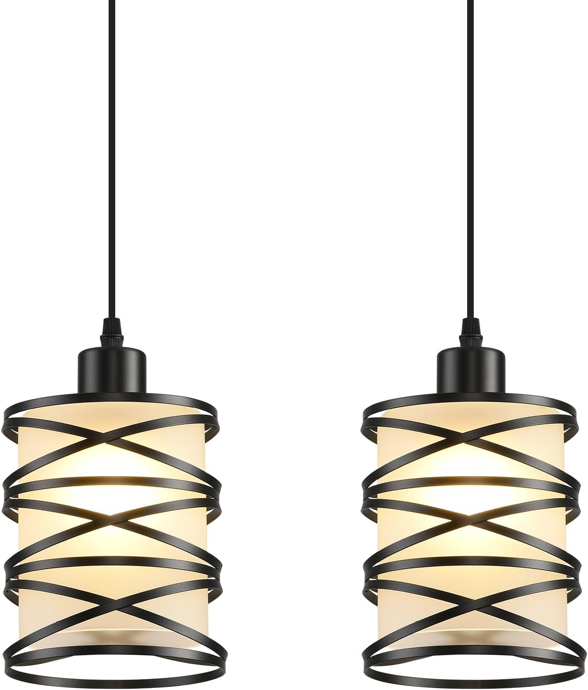 2 Pack Pendant Light Kitchen Island Pendant Lighting, Hanging Light with Spiral Cage Frosted Glass Shade, Black Modern Indoor Hanging Lamp for Dining Room Kitchen Island