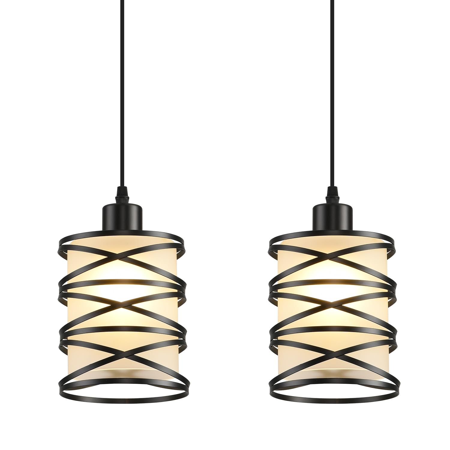 2 Pack Pendant Light Kitchen Island Pendant Lighting, Hanging Light with Spiral Cage Frosted Glass Shade, Black Modern Indoor Hanging Lamp for Dining Room Kitchen Island