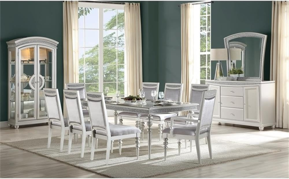 Acme Crystal Inlaid Fabric Upholstered Wooden Side Chair, Set of 2, Silver- Saltoro Sherpi Indoor