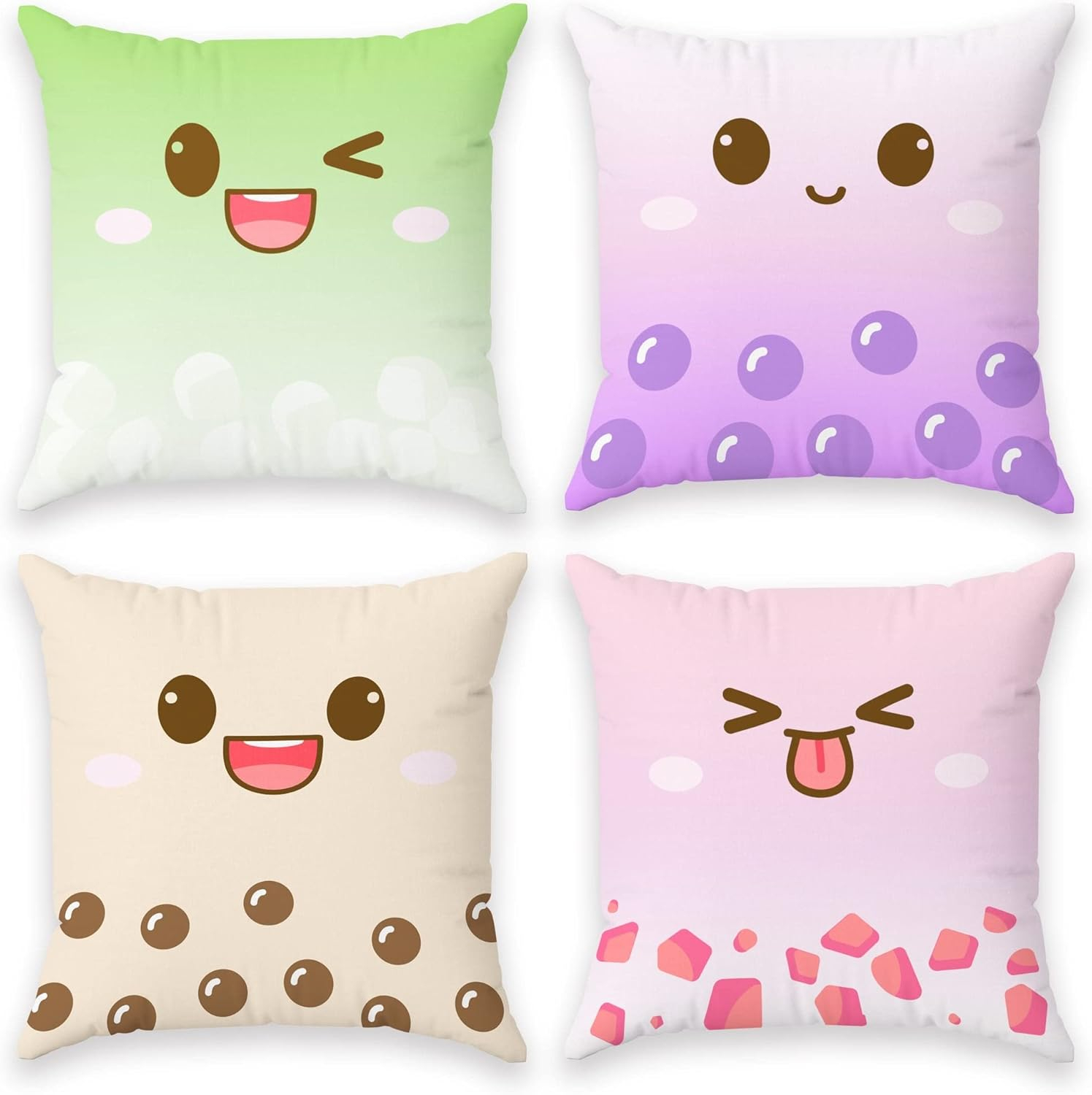 Kawaii Boba Tea Cartoon Faces Pillow Covers Set