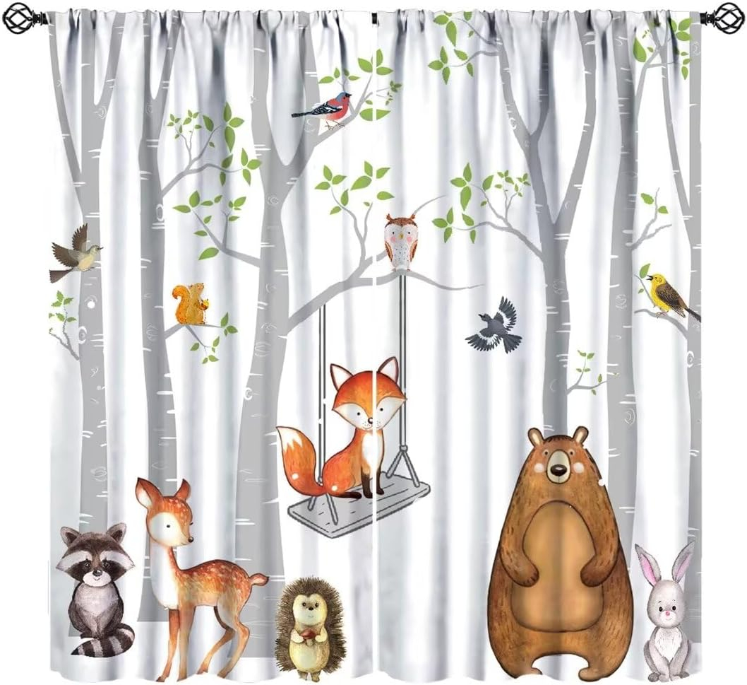 Woodland Kids Curtains, Rustic Vintage Forest Window Drapes Farnhouse Cabin Funny Animals Window Treatments for Boys Girls Bedroom Living Room, 42x45in （No Blackout）