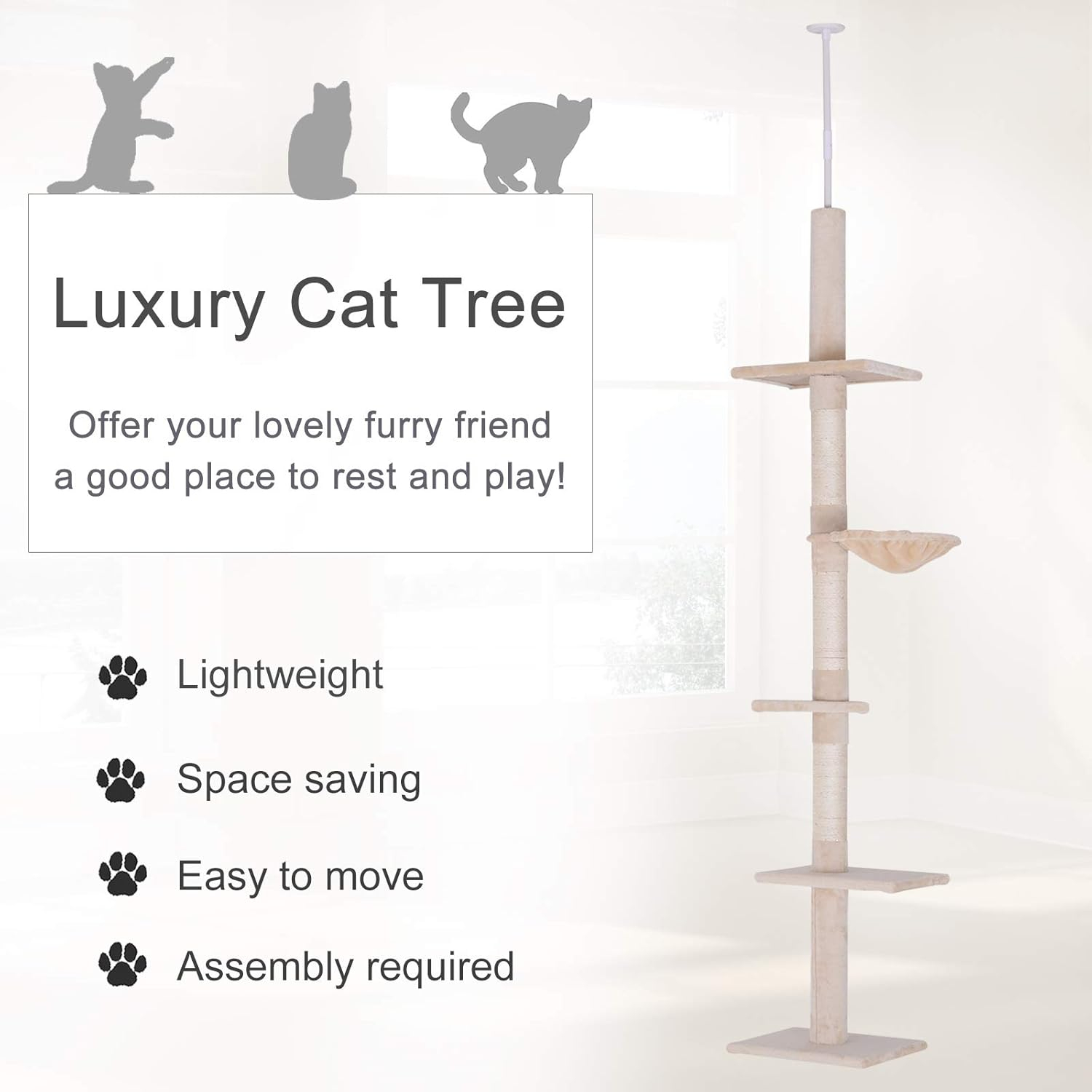 PawHut 9' Adjustable Height Floor-To-Ceiling Vertical Cat Tree - Beige and White