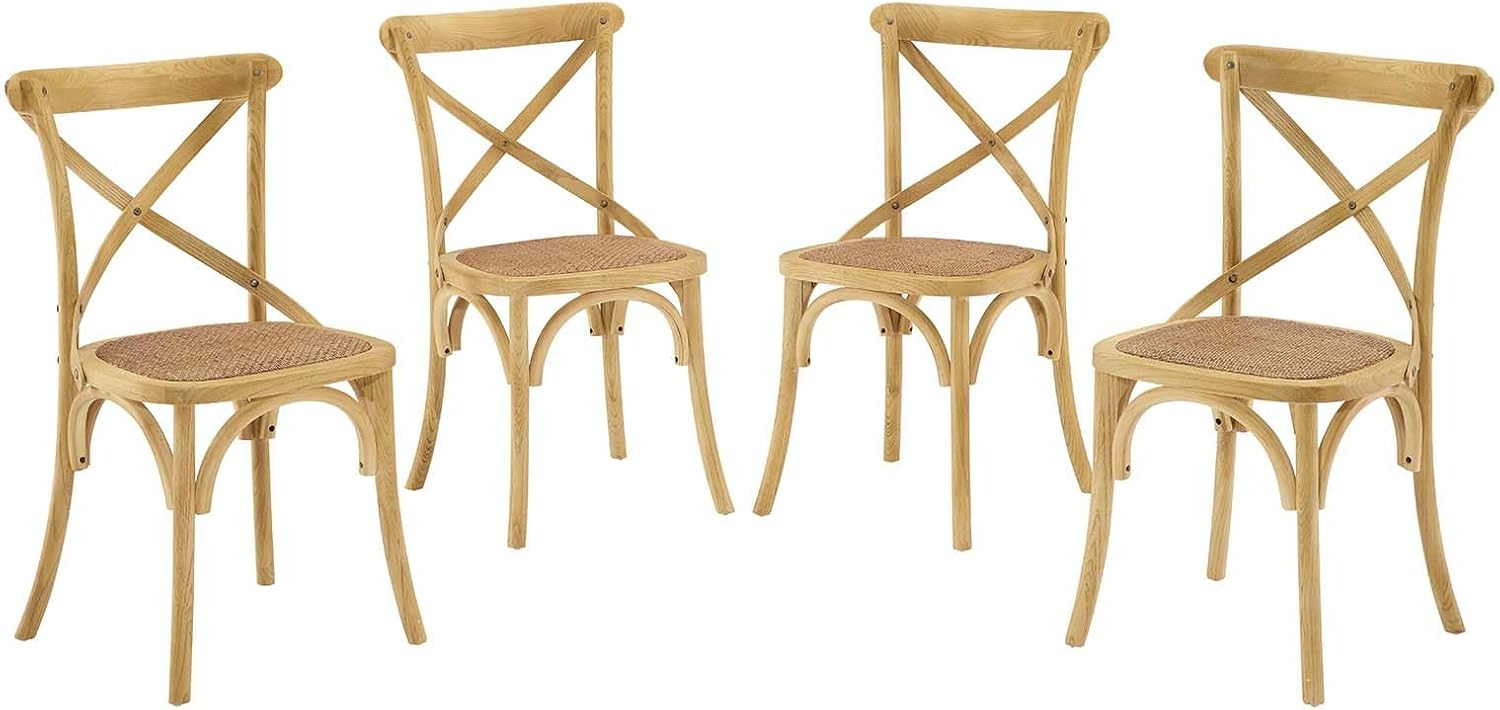 Modway Gear 18.5" Elm Wood and Rattan Dining Side Chair in Natural (Set of 4)