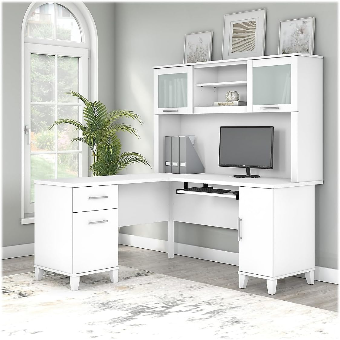 Bush Furniture Somerset 60 in L Desk with Hutch, Keyboard Tray, File and Storage in White