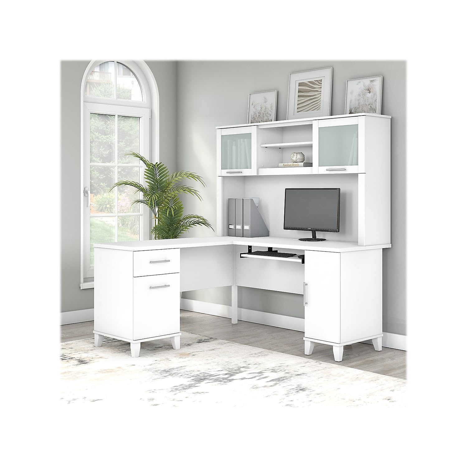 Bush Furniture Somerset 60 in L Desk with Hutch, Keyboard Tray, File and Storage in White