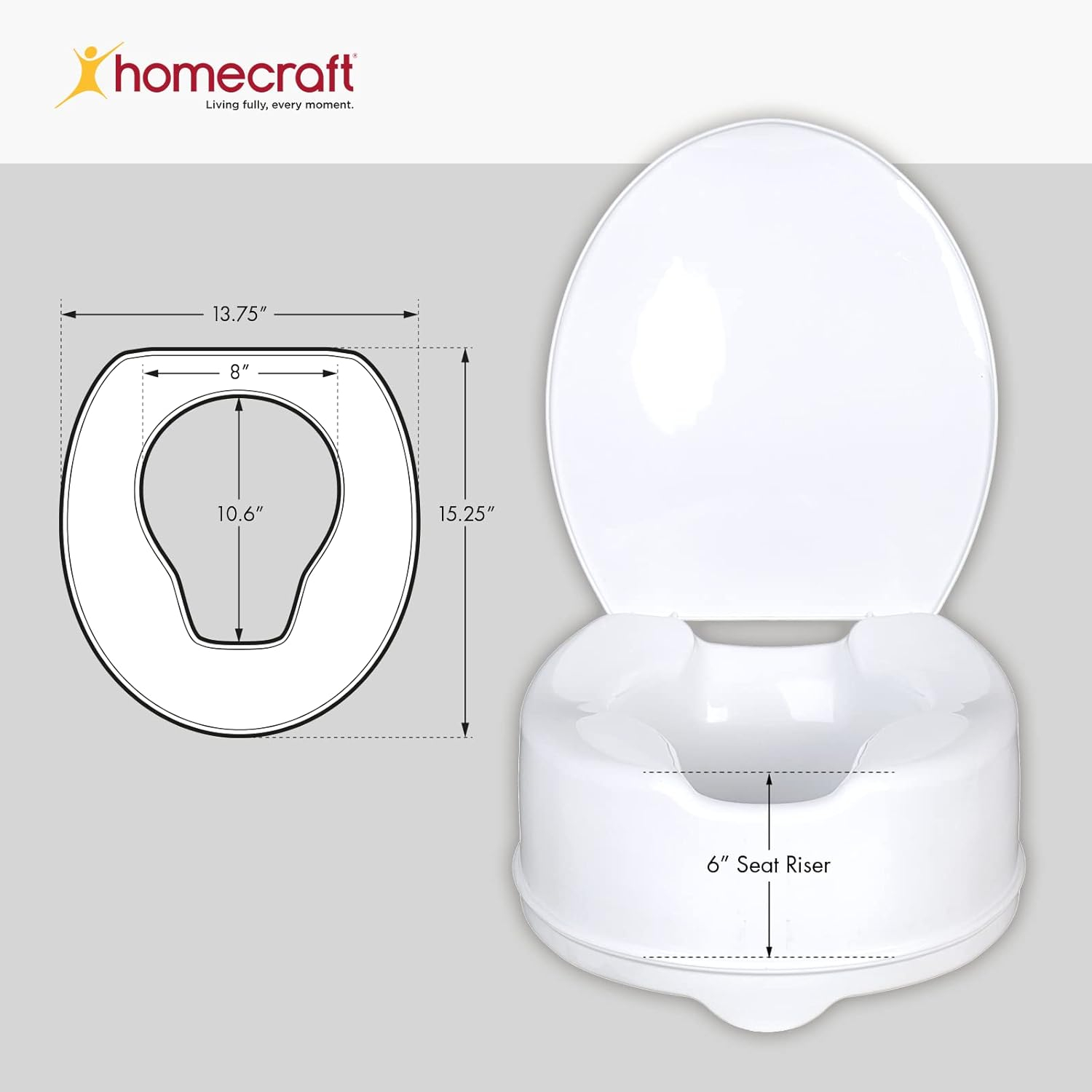 Homecraft Savanah Raised Toilet Seat with Lid, 6" High, 1 Pack