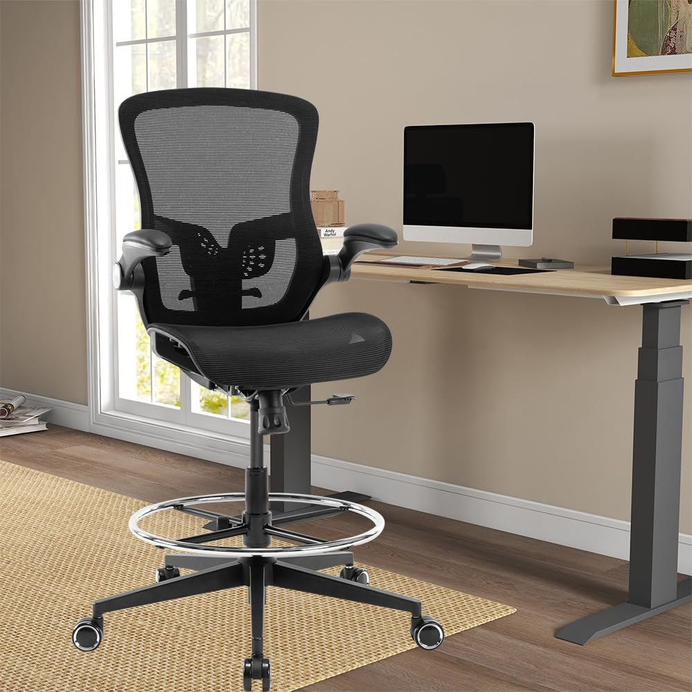 Office Drafting Chair,Ergonomic Tall Office Desk Chair,Adjustable Standing Desk Stool Chair,Executive Computer Chair with Footrest Ring and Lumbar Support (Black)
